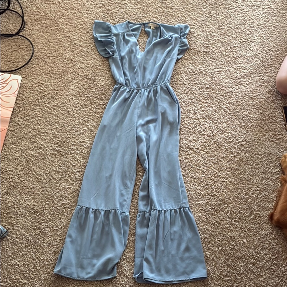 Monteau Blue Flutter Sleeve Jumpsuit with Flared Legs